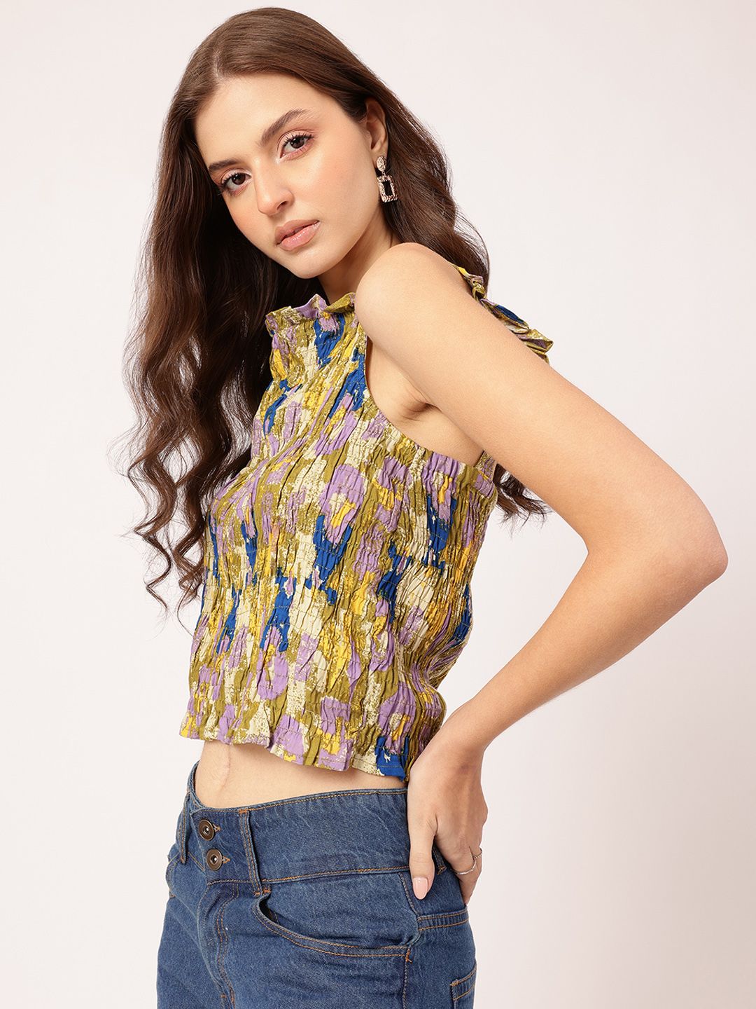 DressBerry Sunset Sizzle Printed Ruffled Smocked Bow-Detail Top