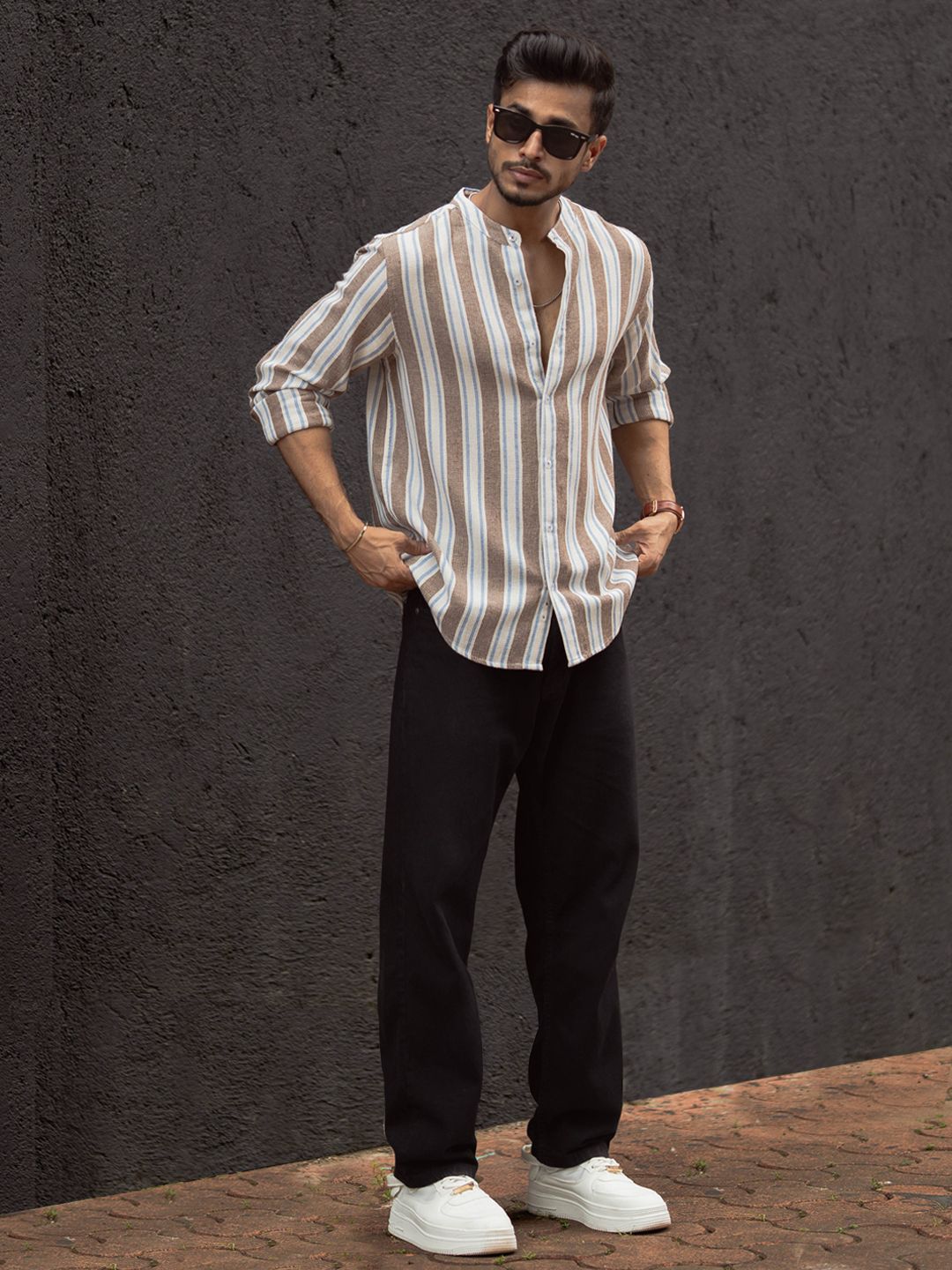 Powerlook Men Band Collar Vertical Striped Cotton Casual Shirt
