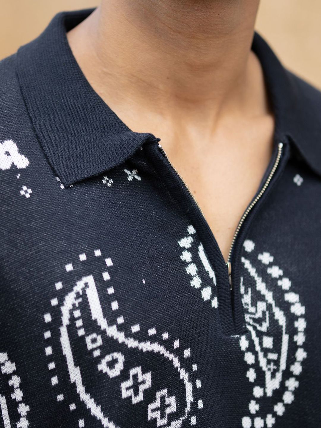 Powerlook Men Navy Paisley Jacquard Knit T-Shirt
