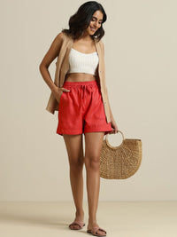 trueBrowns Women Red Cotton Blend Shorts With Drawstring