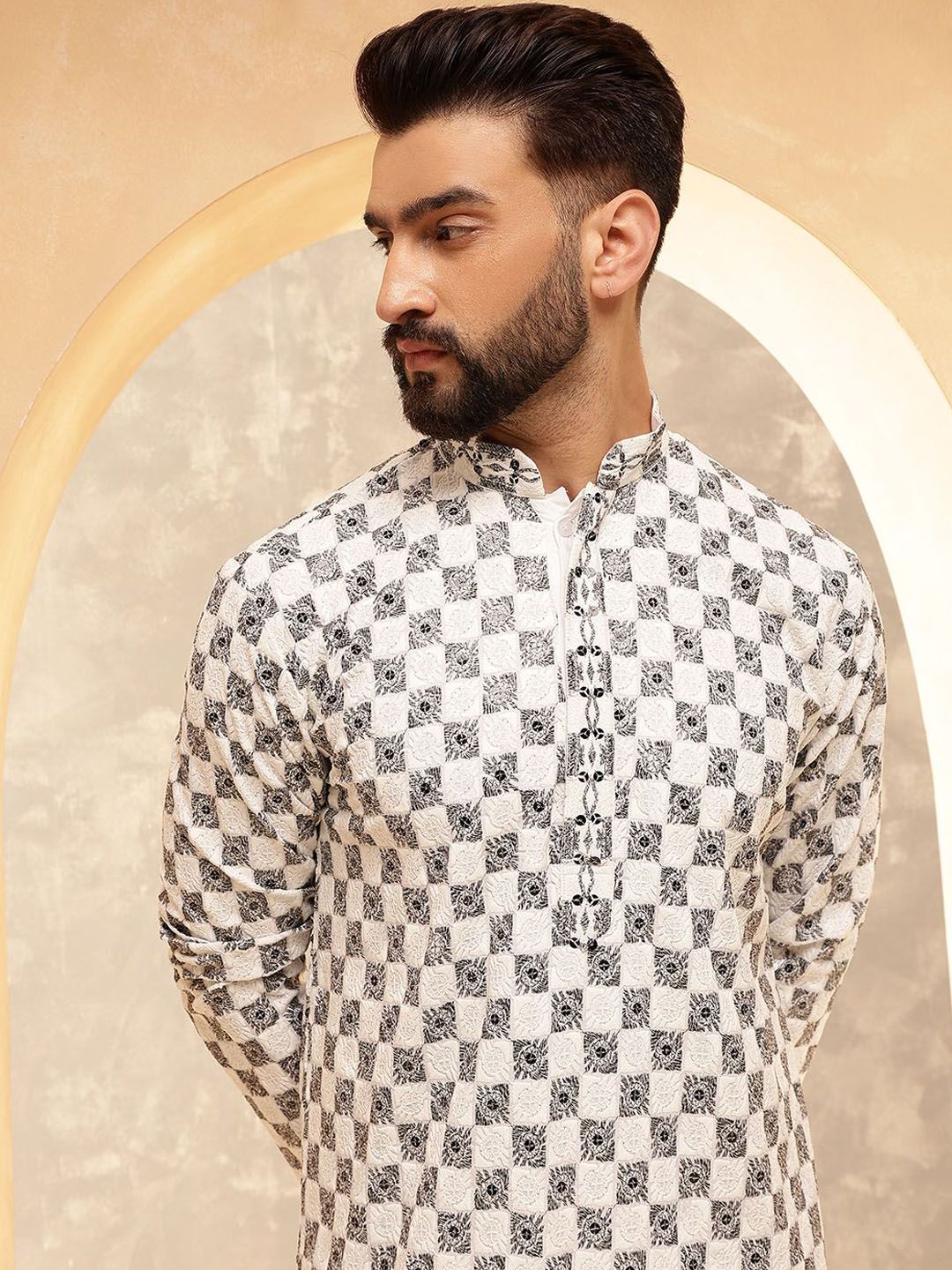 SOJANYA Kurta Kerja Benang Sulam Geometri Lelaki