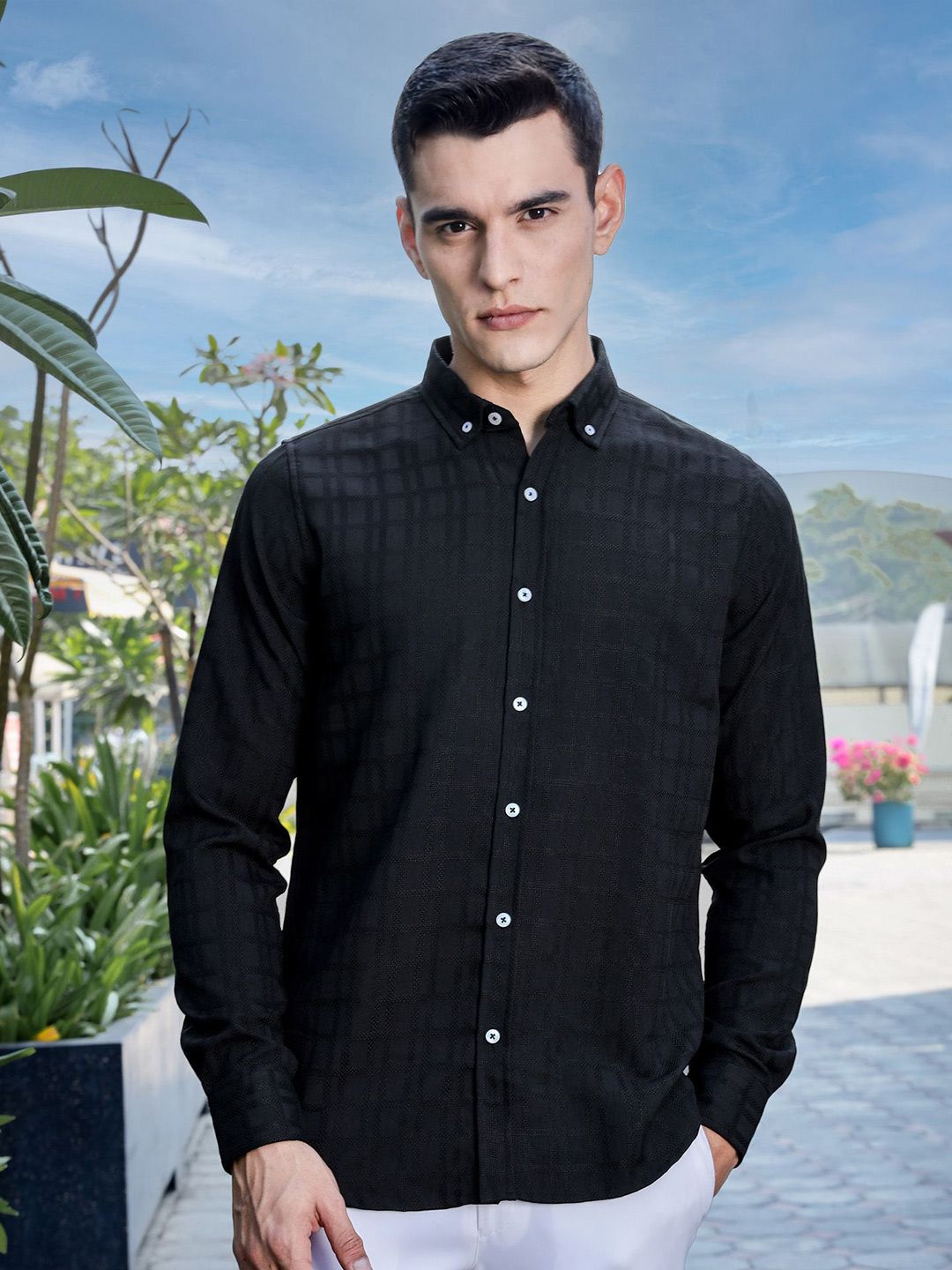 Thomas Scott Men Premium Slim Fit Button-Down Collar Textured Casual Shirt