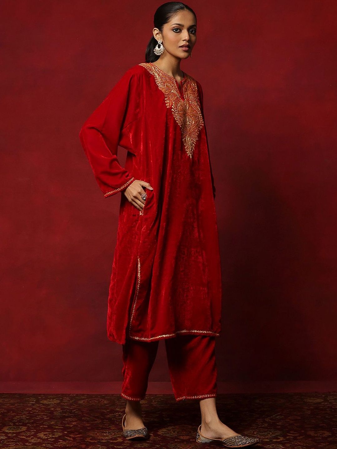 House of Chikankari Women Red Velvet Tilla Embroidered Kurta Set