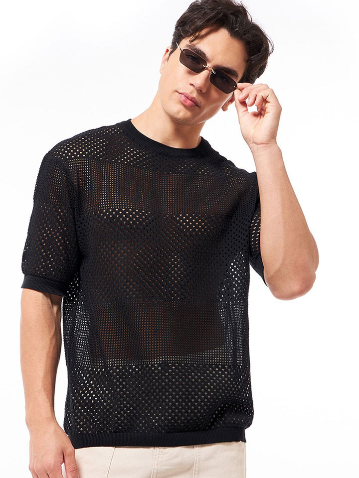 Bewakoof Men's Black Pure Cotton & Oversized Flatknit T-shirt