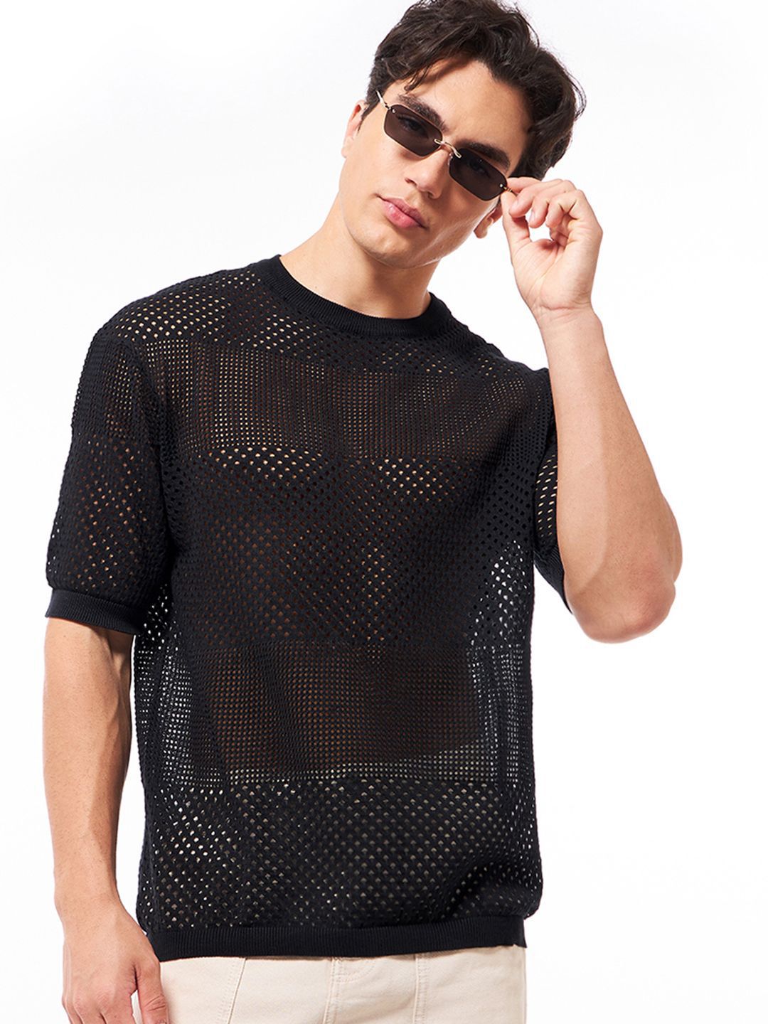 Bewakoof Men's Black Pure Cotton & Oversized Flatknit T-shirt