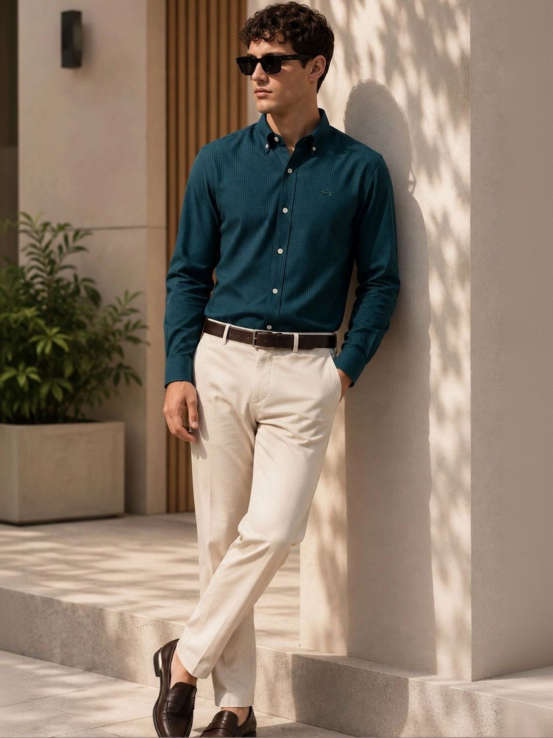ADRO Men Teal Blue Mini Checked Regular Fit Casual Cotton Shirt