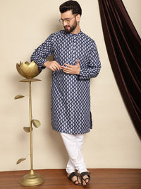 Kurta Kolar Jalur Bercetak Motif Etnik Biru Laut Anouk dengan Churidar