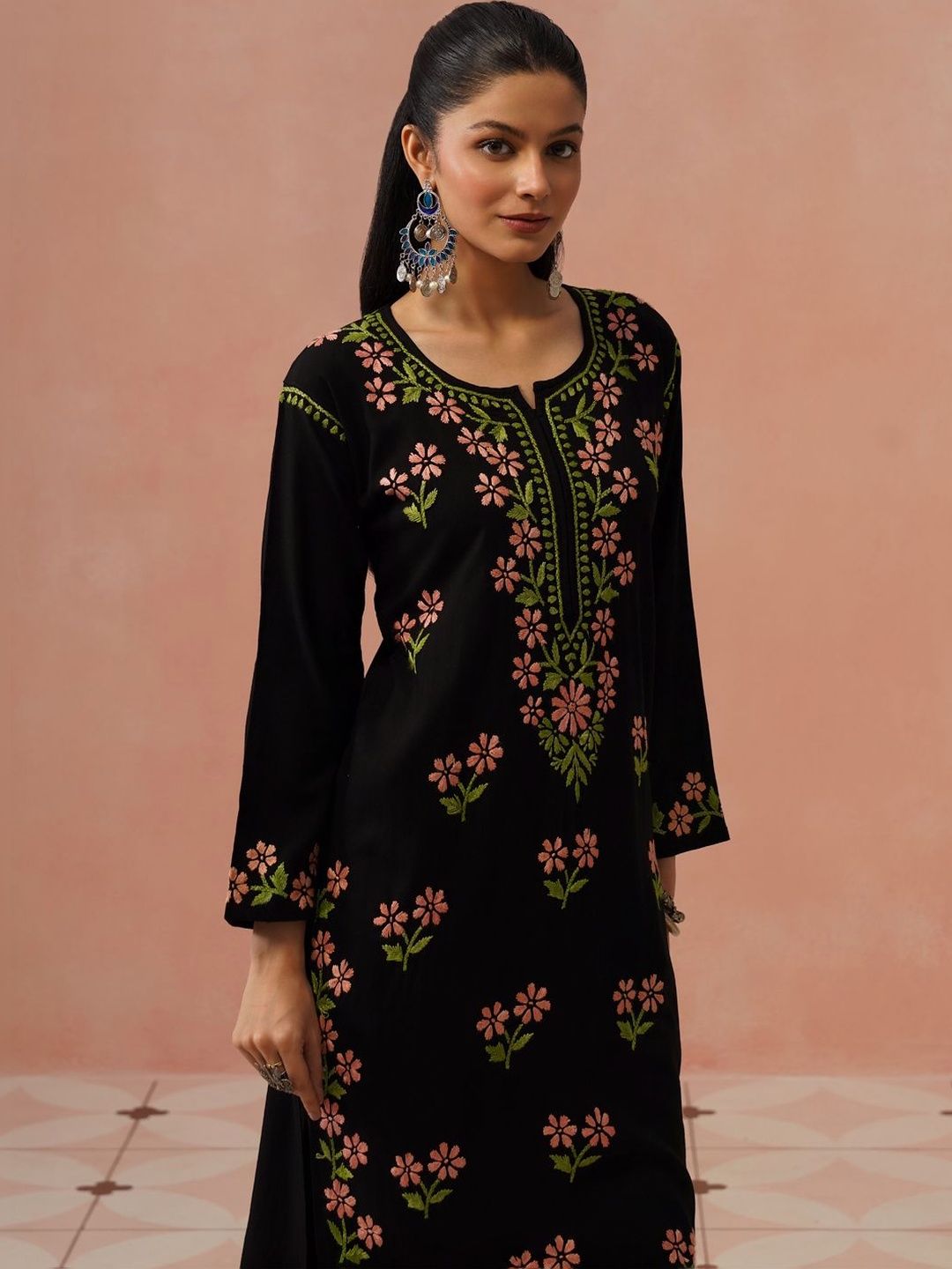 Rumah Wanita Chikankari Kerja Benang Sulam Bunga Kurta Bunga