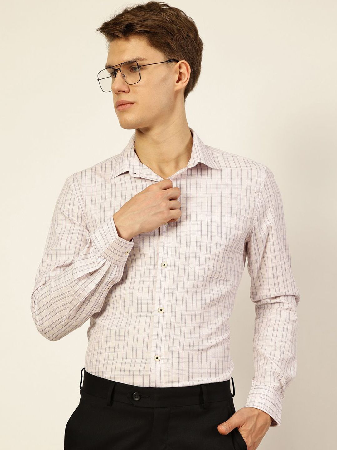 Thomas Scott Men Smart Spread Collar Checked Cotton Formal Shirt