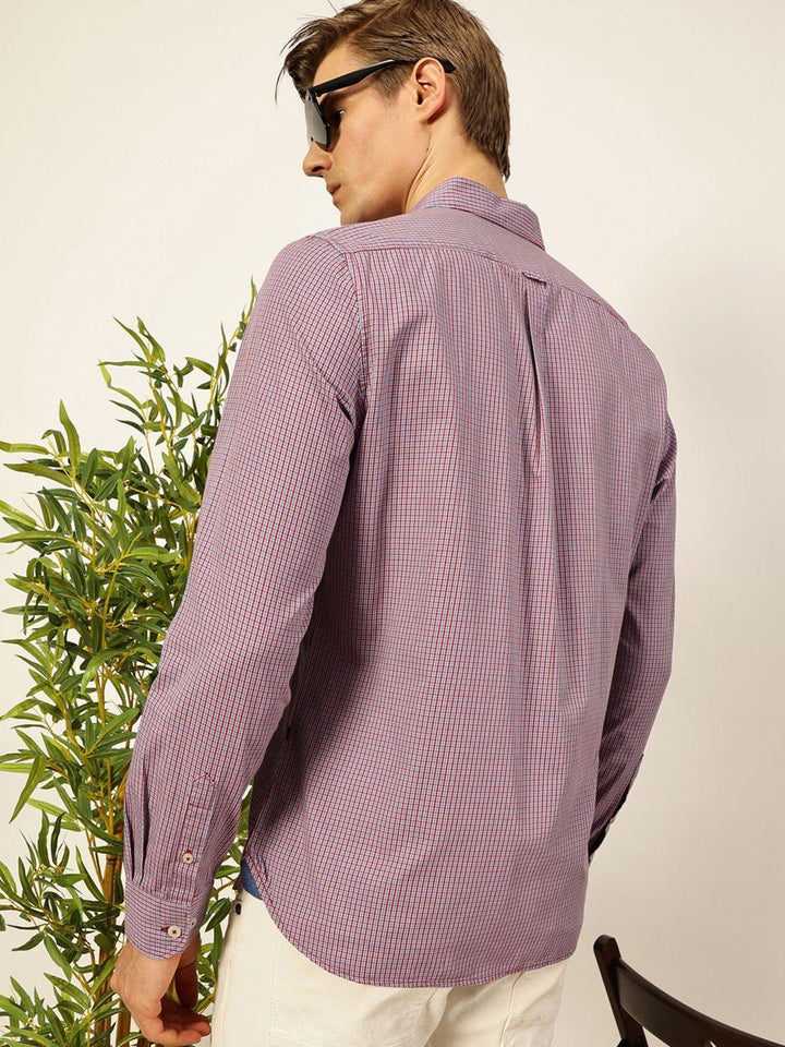 Thomas Scott Men Smart Spread Collar Micro Checked Cotton Slim Fit Casual Shirt