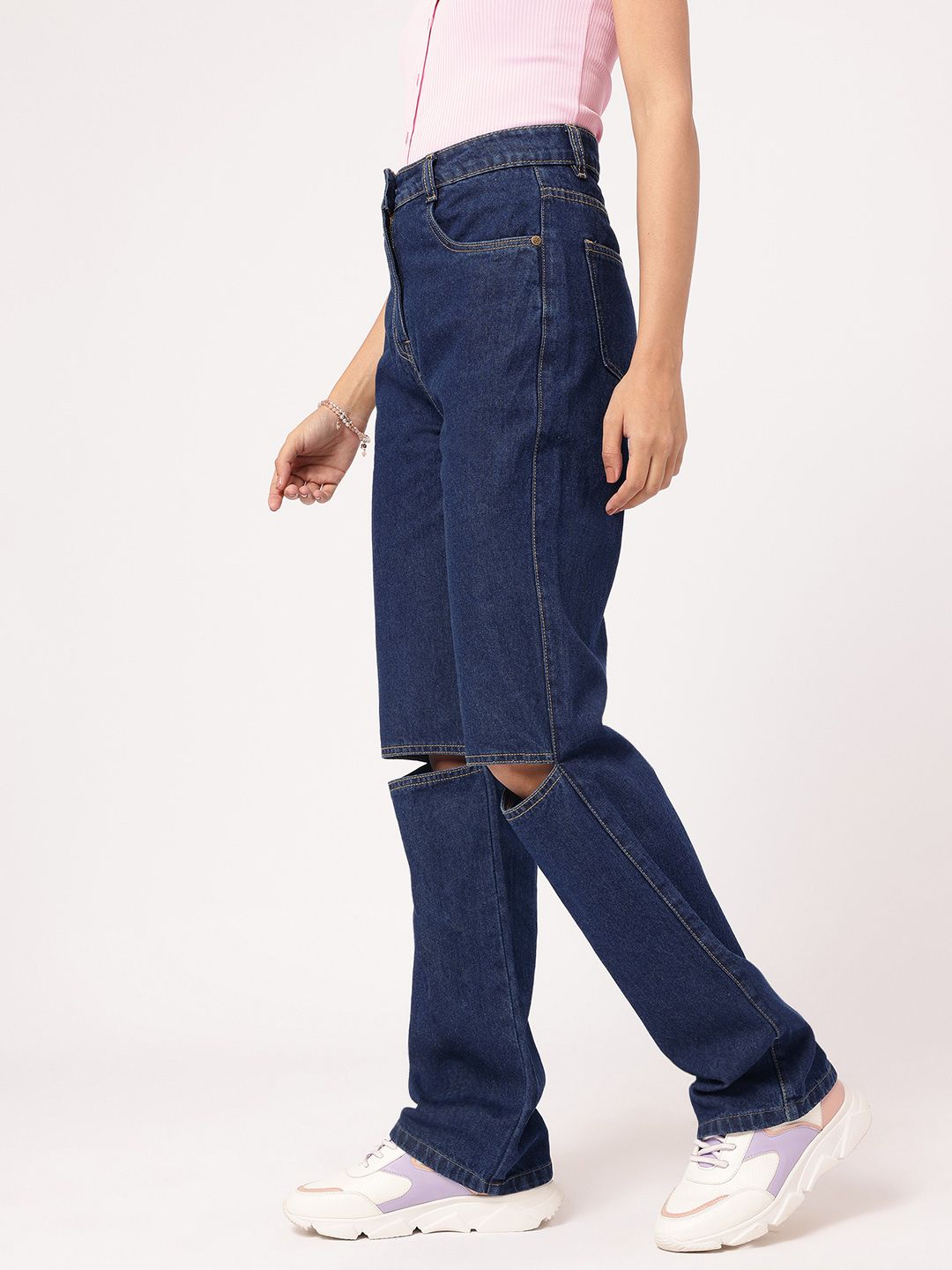 DressBerry Women Slash-Knee Flair Straight Fit Pure Cotton Jeans