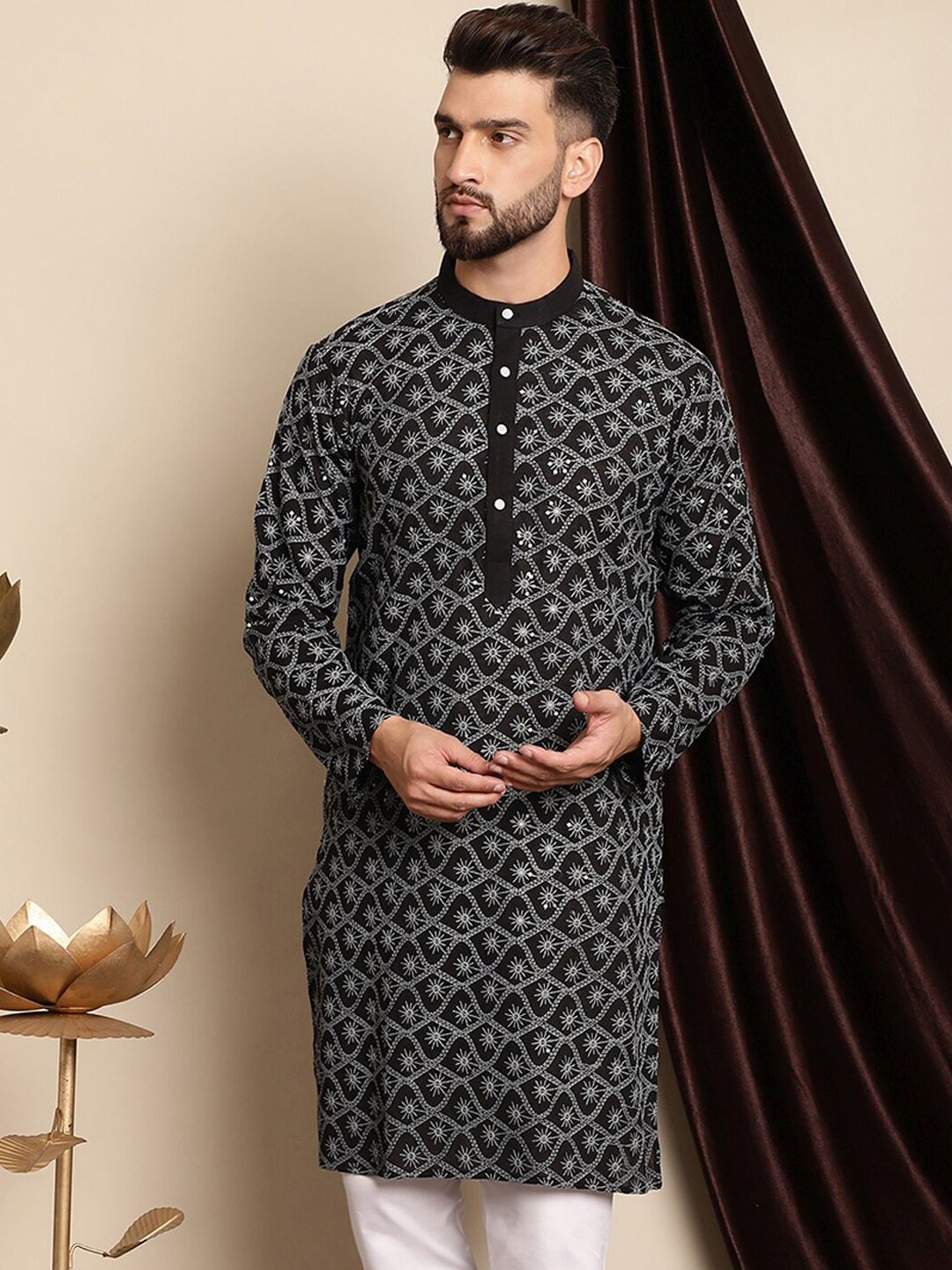 Anouk Ethnic Motifs Embroidered Band Collar Cotton Regular Kurta
