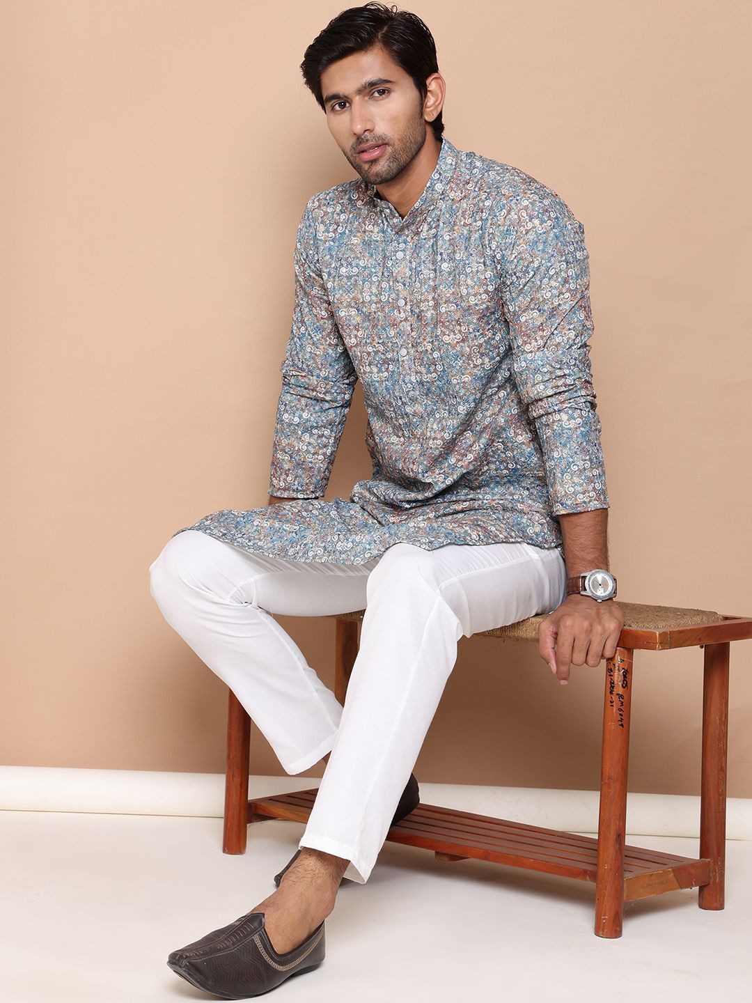 Jompers Men Floral Printed Chikankari Floral Kurta