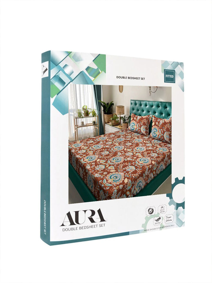 Aura Rust & Blue Ethnic Motifs Printed 300 TC Fitted King Bedsheet Set 2.5 x 2.25 m