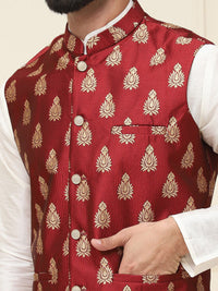 SOJANYA Mandarin Collar Silk Cotton Straight Kurta with Churidar & Nehru jacket