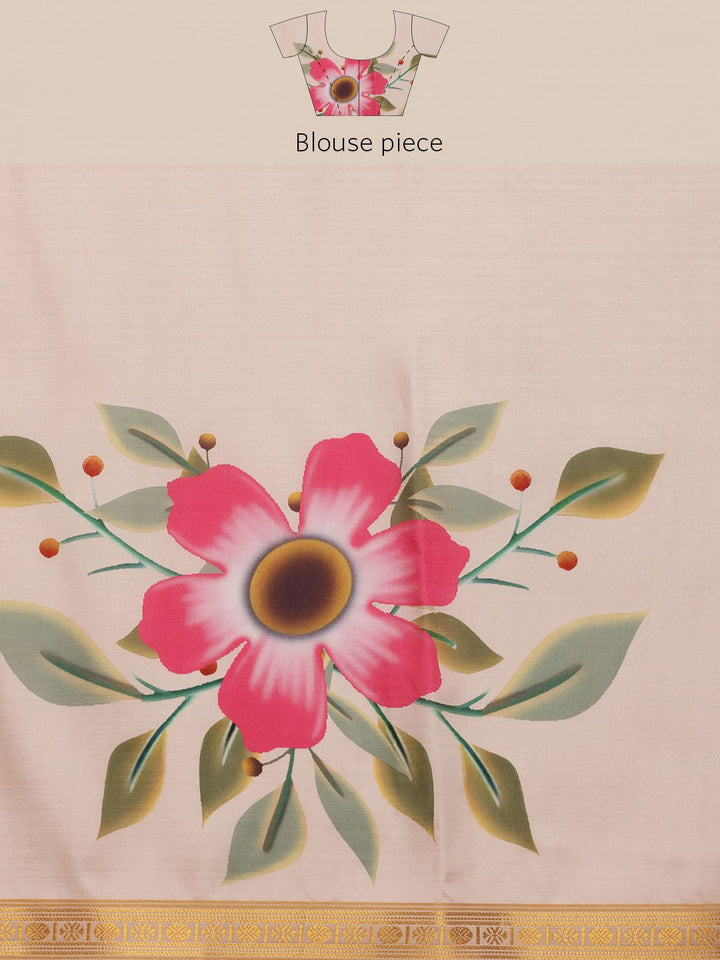 Silk Land Onam Special Floral Printed Kasavu Silk Saree