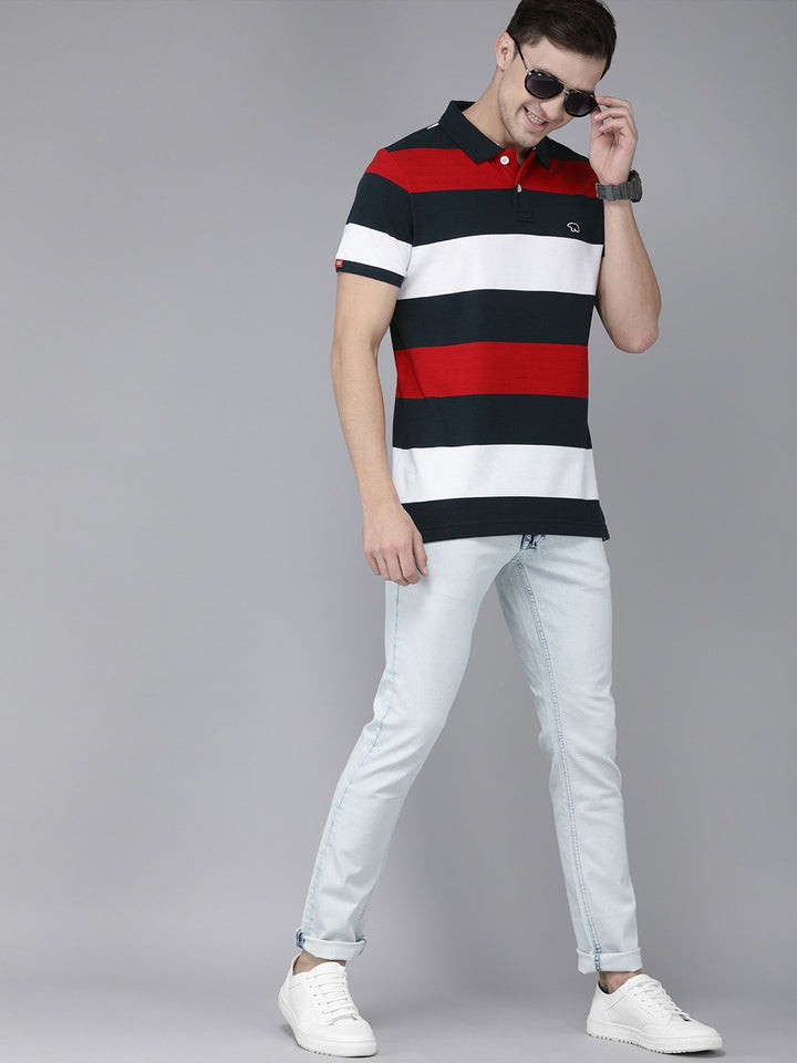 THE BEAR HOUSE Men Navy Blue  & White Striped Polo Collar Slim Fit Pure Cotton T-shirt