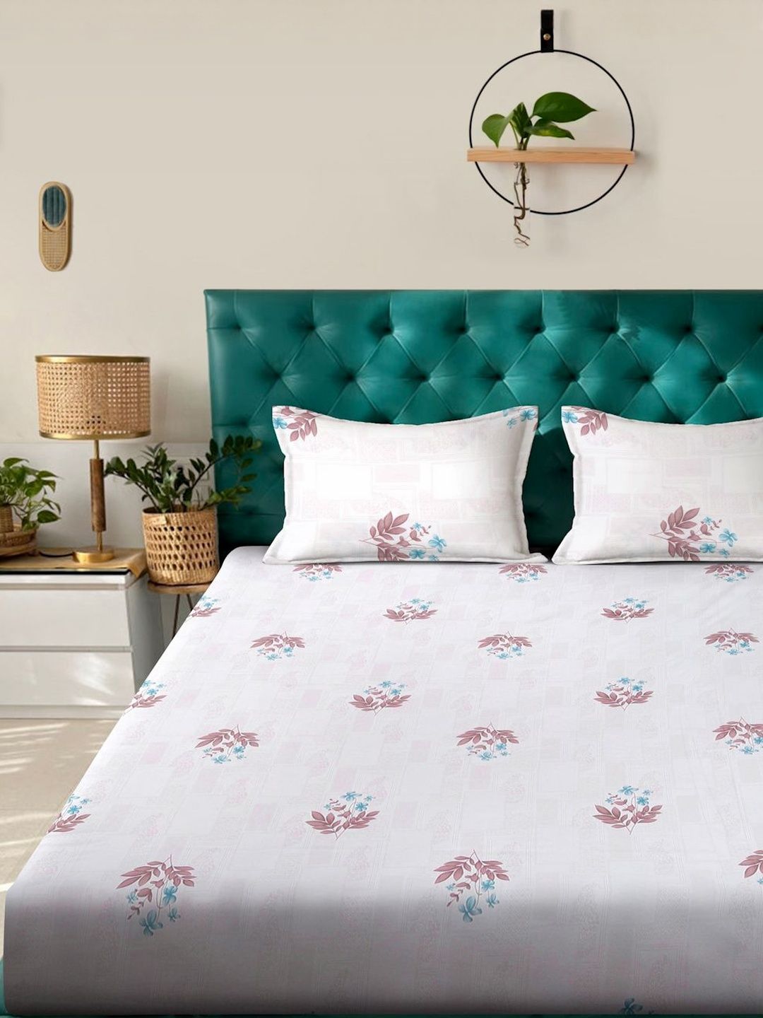 KLOTTHE White Floral Dilengkapi 400 TC Kapas Tulen Cadar Super King Dengan 2 Sarung Bantal