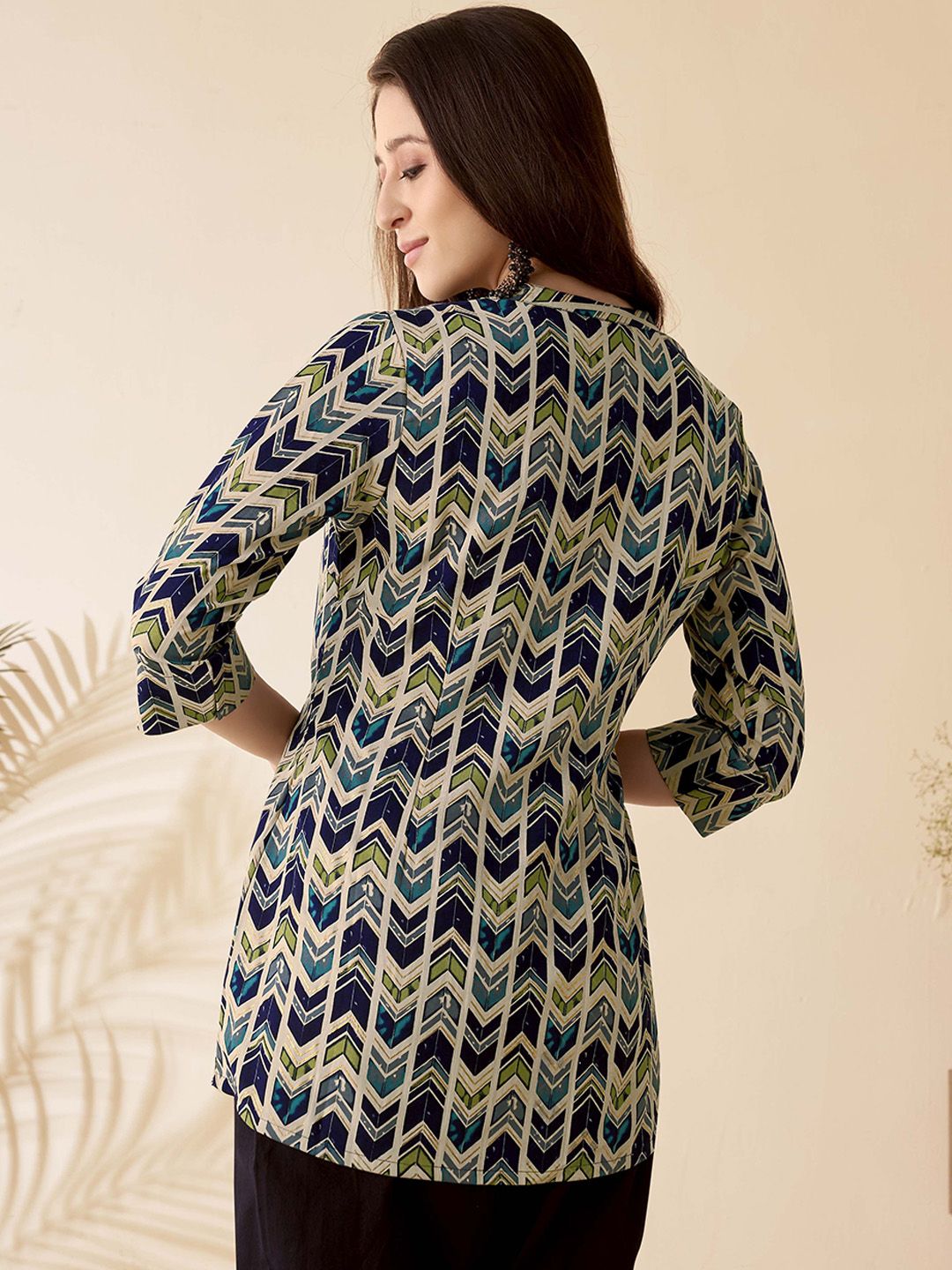 Anouk Blue Chevron Printed Mandarin Collar Pure Cotton A-Line Short Kurti