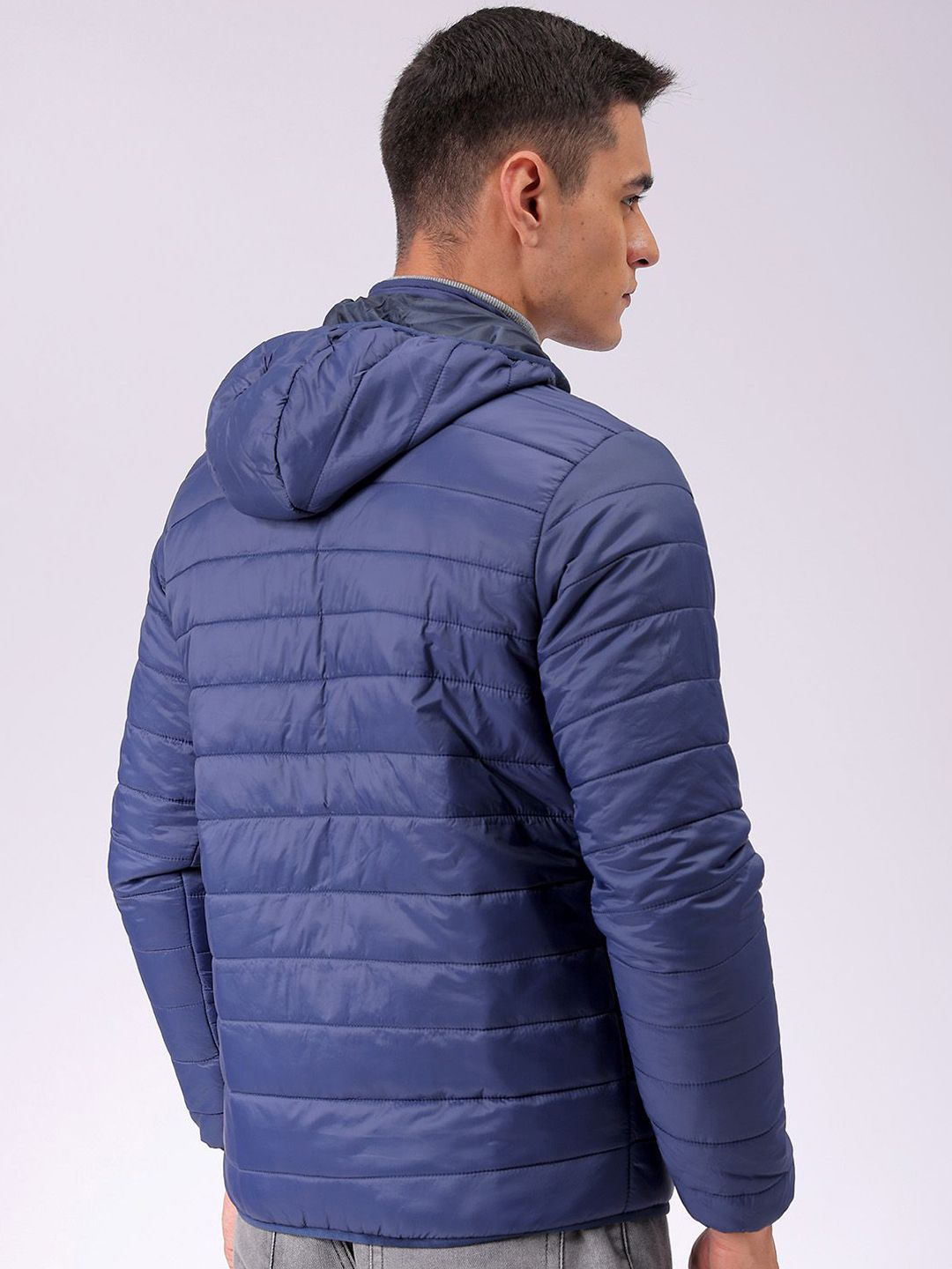 The Indian Garage Co Men Blue Solid Detachable Hood Quilted Jacket