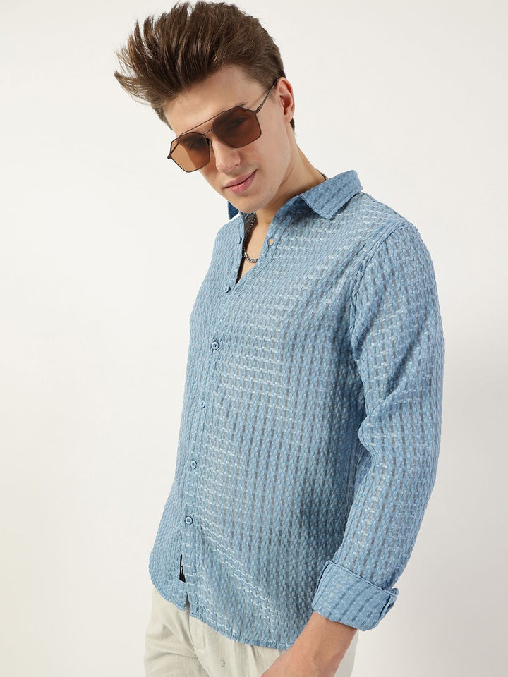 Thomas Scott Men Premium Spread Collar Textured Solid Slim Fit Casual Shirt