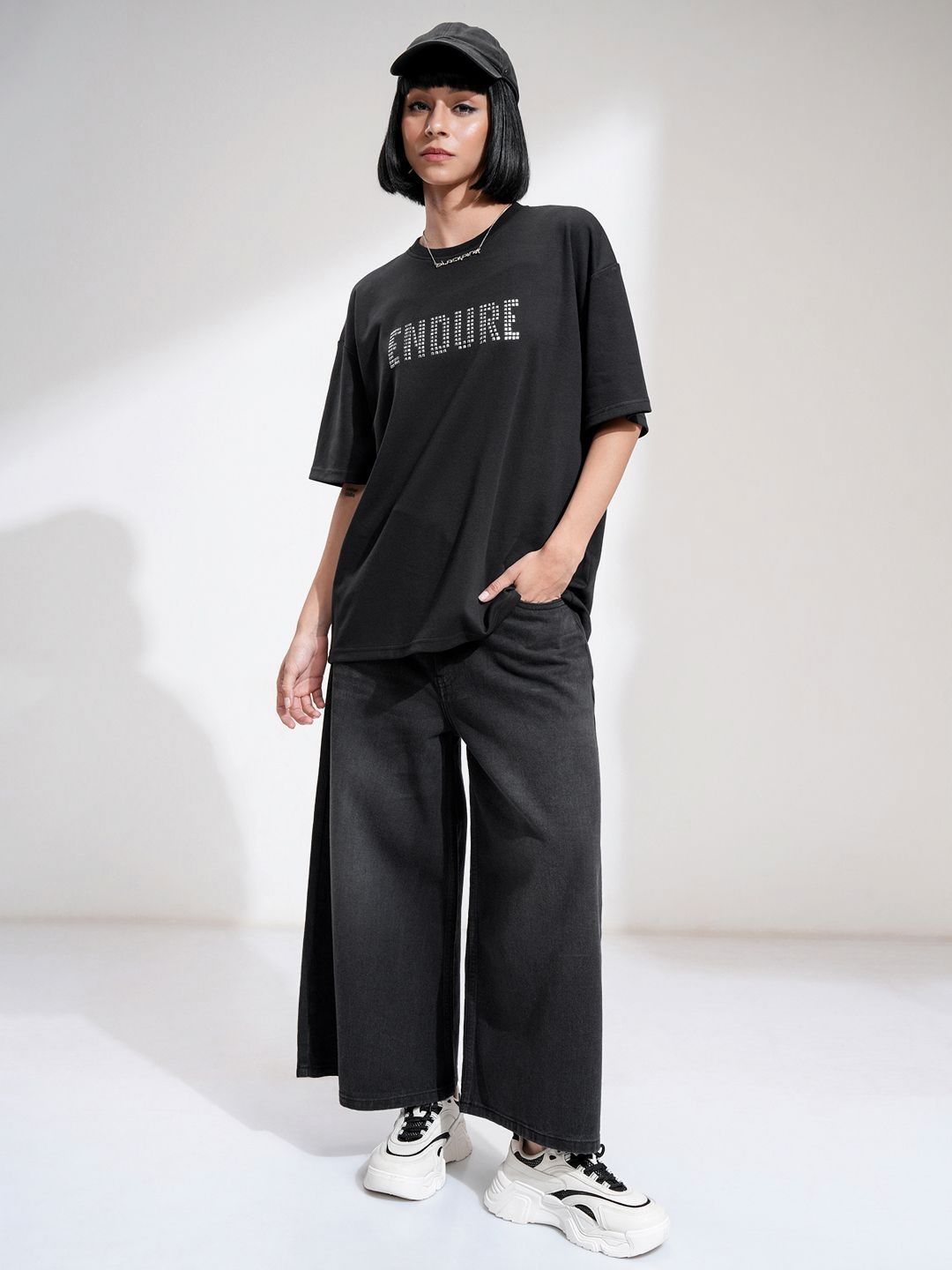 Street By Tokyo Talkies Women Solid Oversized Front Embellished T-Shirt
