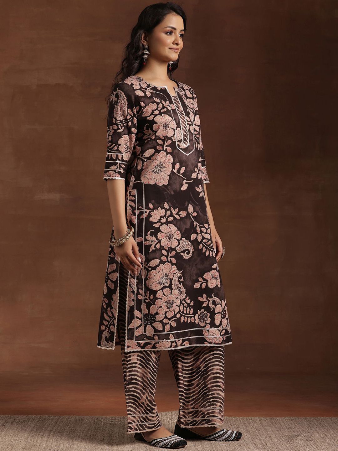 Libas Floral Printed Gotta Patti Pure Cotton Straight Kurta With Palazzo & Dupatta