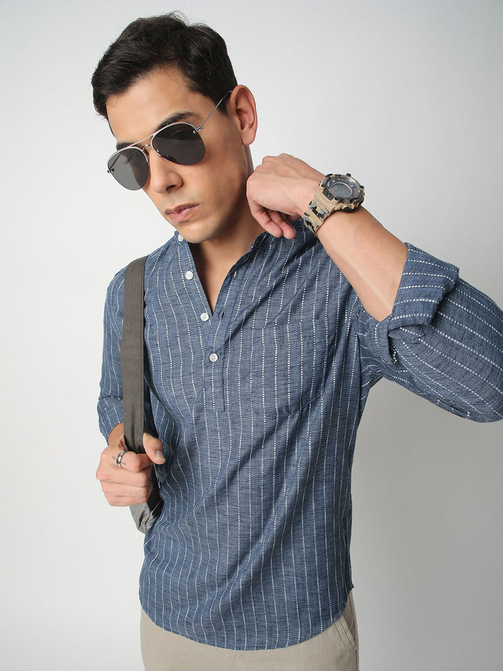 Vastrado Pure Cotton Striped Mandarin Collar Dobby A-Line Short Kurta
