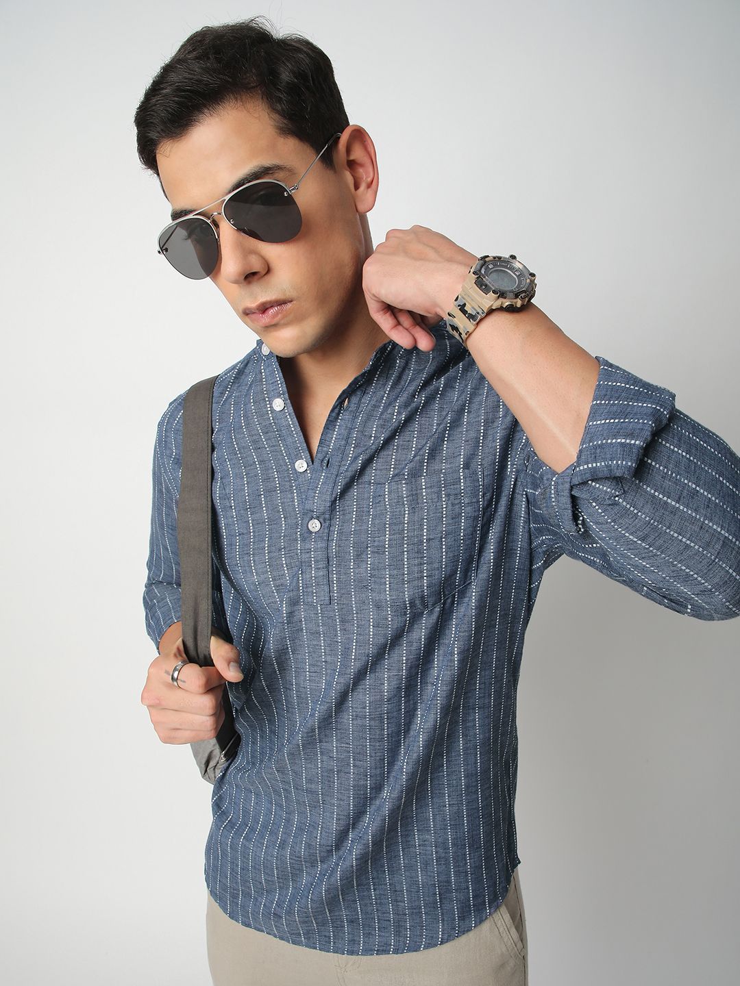 Vastrado Pure Cotton Striped Mandarin Collar Dobby A-Line Short Kurta