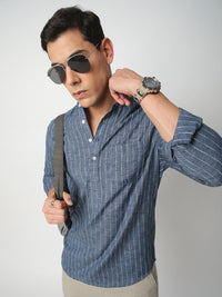Vastrado Pure Cotton Striped Mandarin Collar Dobby A-Line Short Kurta