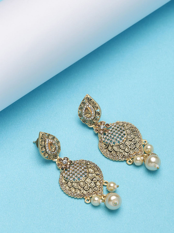 Anouk White Gold-Plated Stone Studded & Beaded Leaf Shaped Drop Earrings