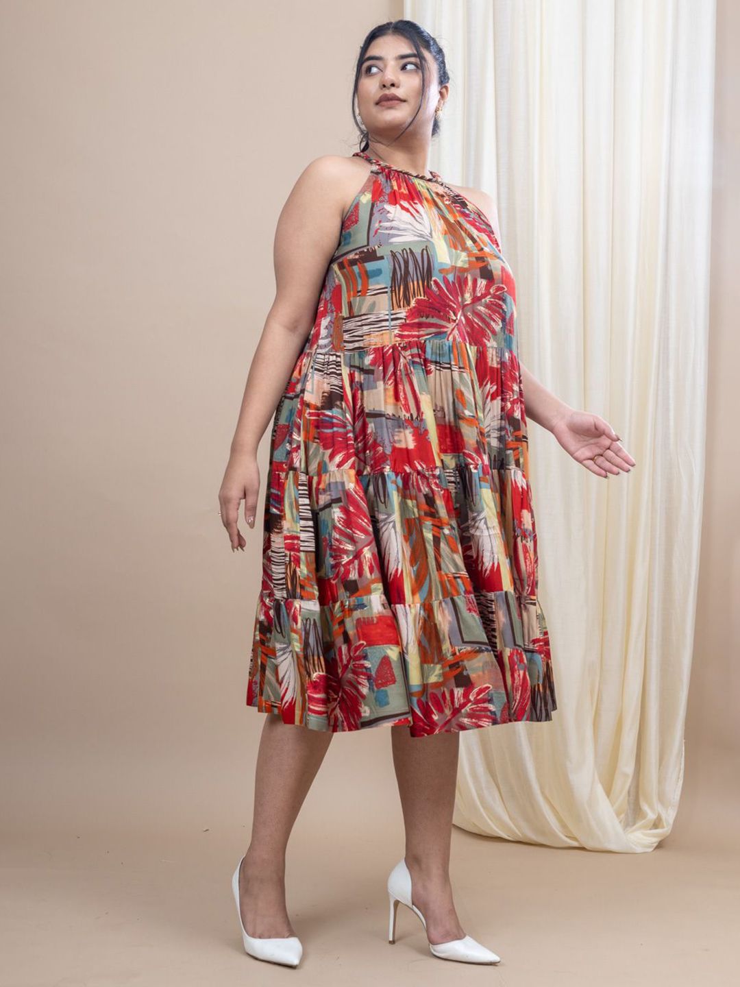 Mamicha Floral Printed Halter Neck Fit & Flare Cotton Dress