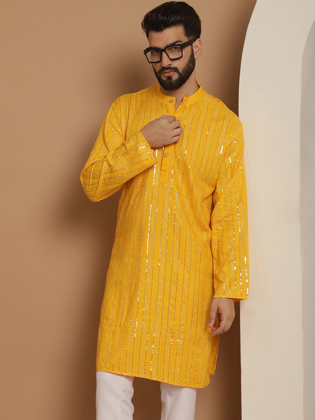 Anouk Lelaki Mustard Motif Etnik Kuning Kurta Kerja Benang