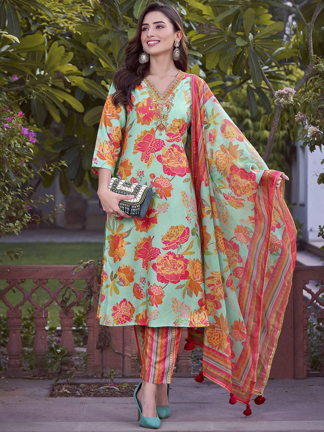 KALINI Floral Printed Kurta with Trousers & Dupatta