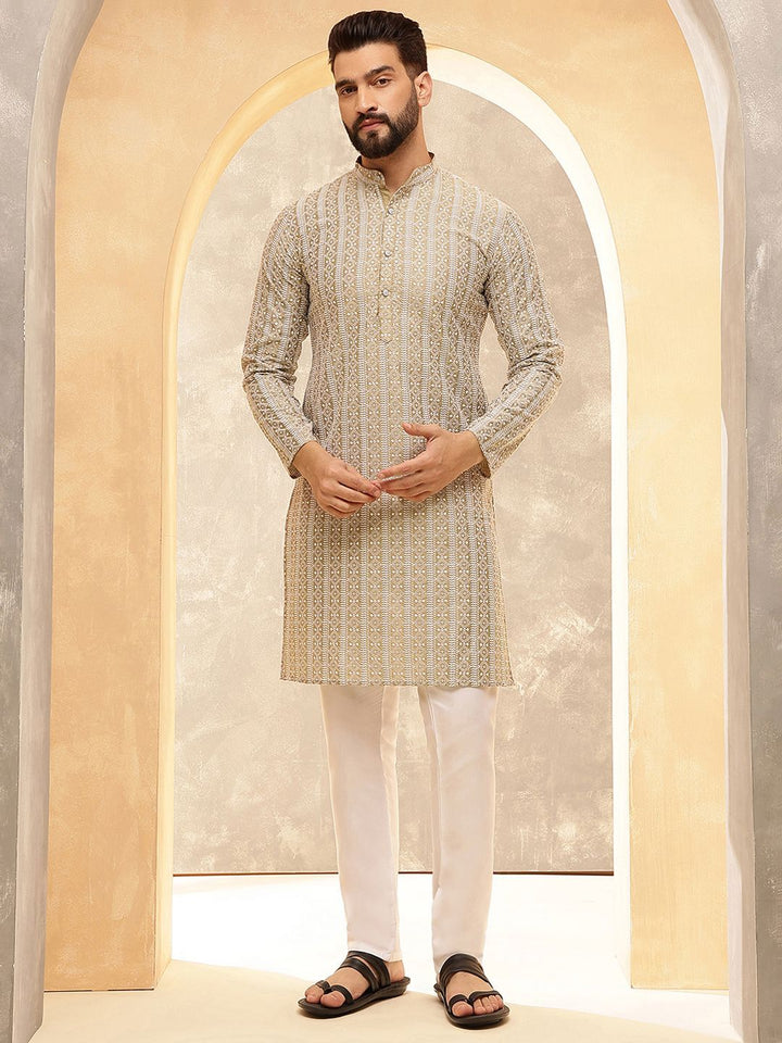 Anouk Beige Geometrik Bersulam Kolar Mandarin Kapas Tulen Kurta Lurus Dengan Piyama