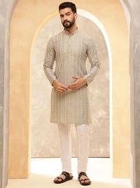 Anouk Beige Geometrik Bersulam Kolar Mandarin Kapas Tulen Kurta Lurus Dengan Piyama