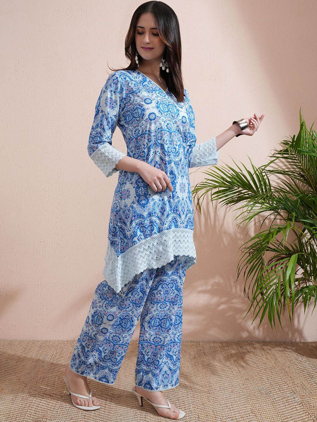 Vishudh Blue Printed V-Neck Three-Quarter Sleeves Pure Cotton Top With Trouser