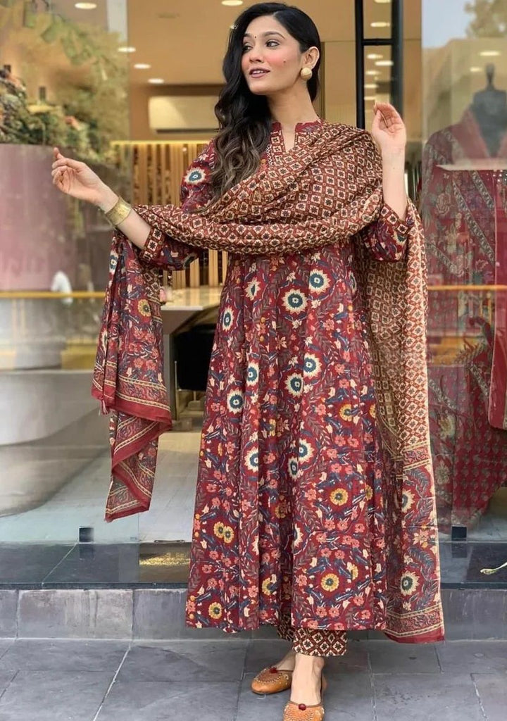 KALINI Floral Printed Mandarin Collar A-Line Kurta With Trouser And Dupatta