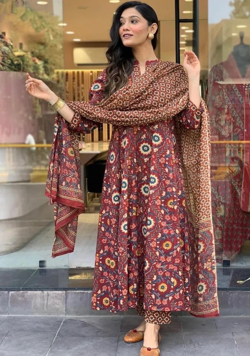 KALINI Floral Printed Mandarin Collar A-Line Kurta With Trouser And Dupatta