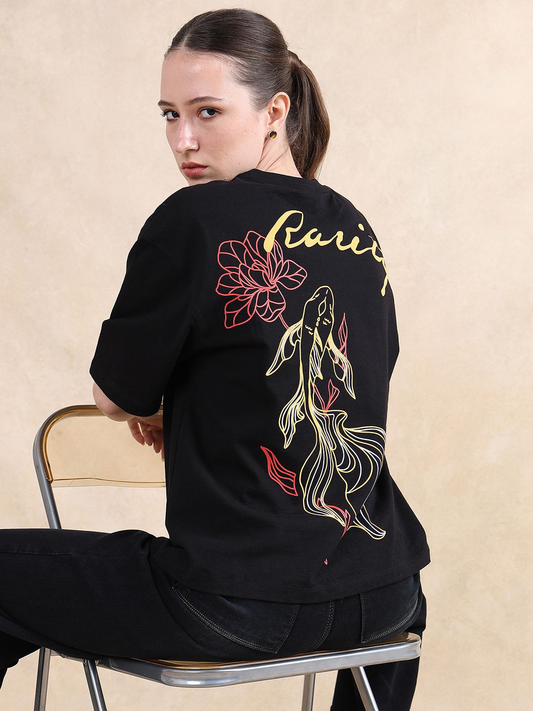Rareism Women Graphic Graphic Printed Neck Cotton T-Shirt Berkekalan
