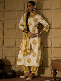 Indo Era Floral Printed V-Neck Pure Cotton Straight Kurta With Salwar & Dupatta