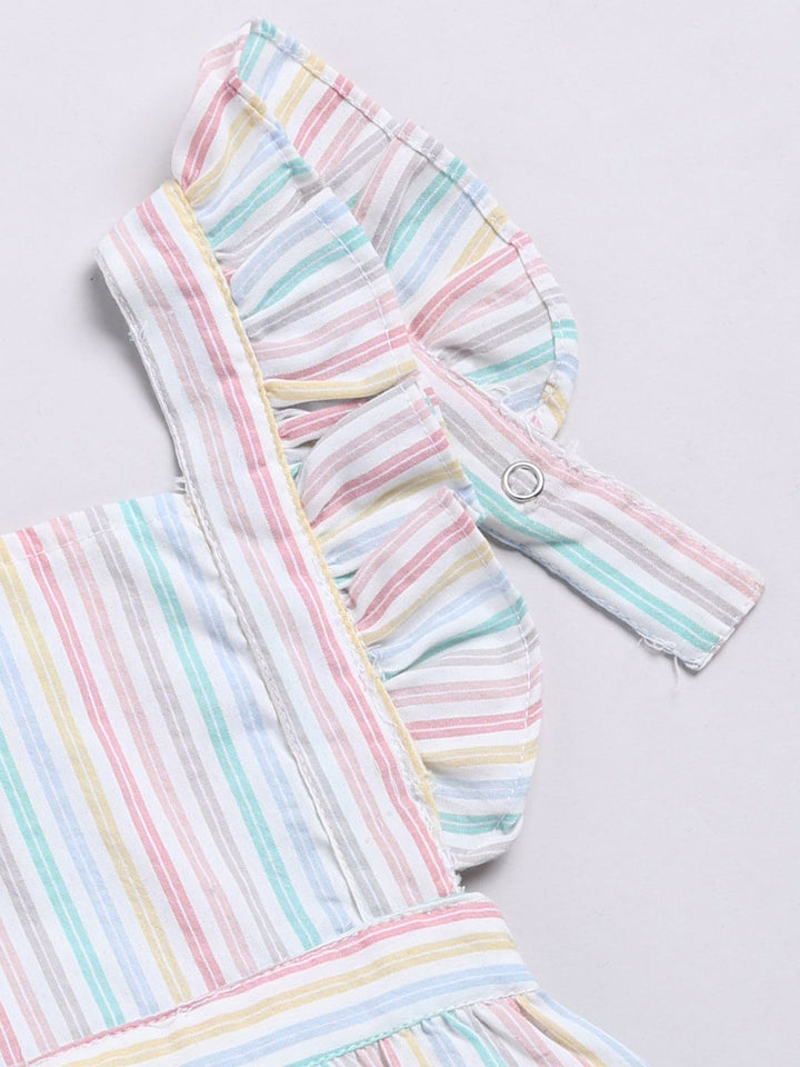 Moms Love Infants Girls Cotton Striped Ruffled Dungarees with T-shirt & Headband