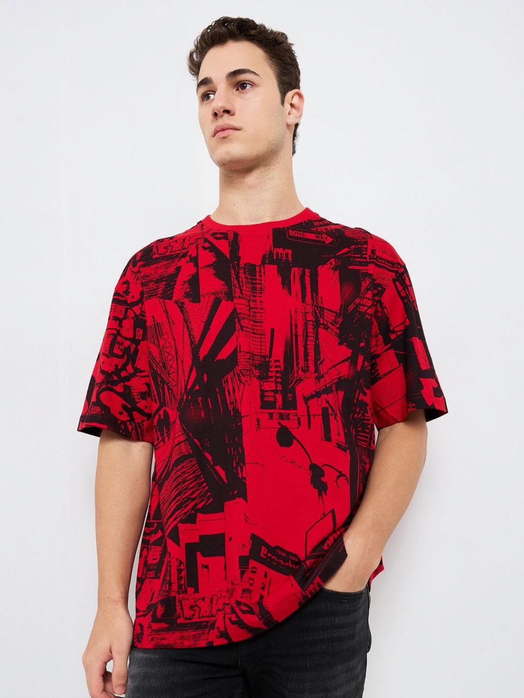 SPYKAR Men Abstract Printed Round Neck Cotton Relaxed Fit T-shirt