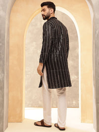 Anouk Black Striped Sequinned Pure Cotton Straight Kurta With Pyjama