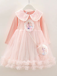 YK Kids-Girls Self Design Peter Pan Collar Barbie Character Fit & Flare Knee Length Dress