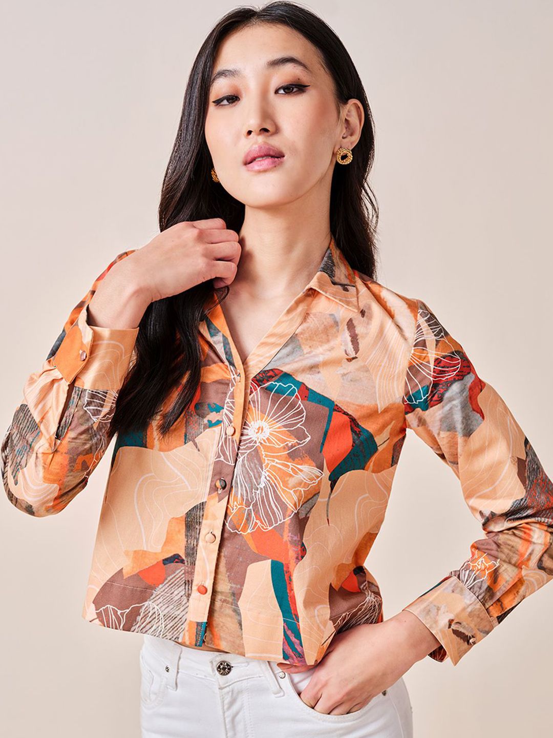 AND Abstract Printed Cuffed Sleeves Cotton Shirt Style Top