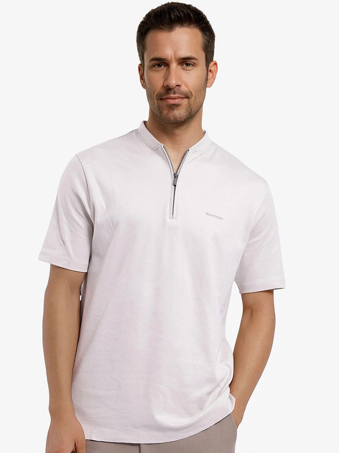 RARE RABBIT Men Solid Mandarin Collar Cotton T-shirt