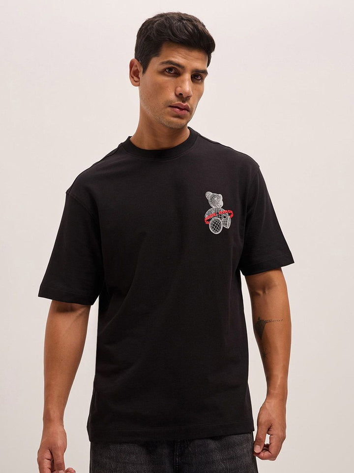 THE BEAR HOUSE Men Typography Printed Round Neck Pure Cotton Oversized T-shirt