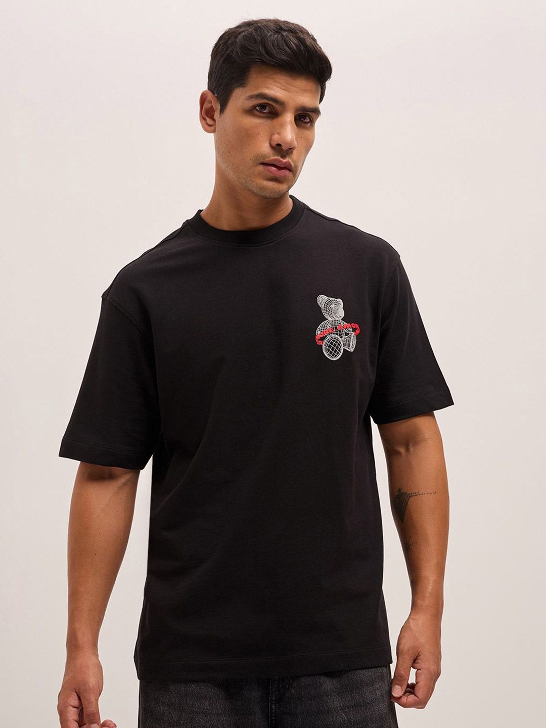 THE BEAR HOUSE Men Typography Printed Round Neck Pure Cotton Oversized T-shirt