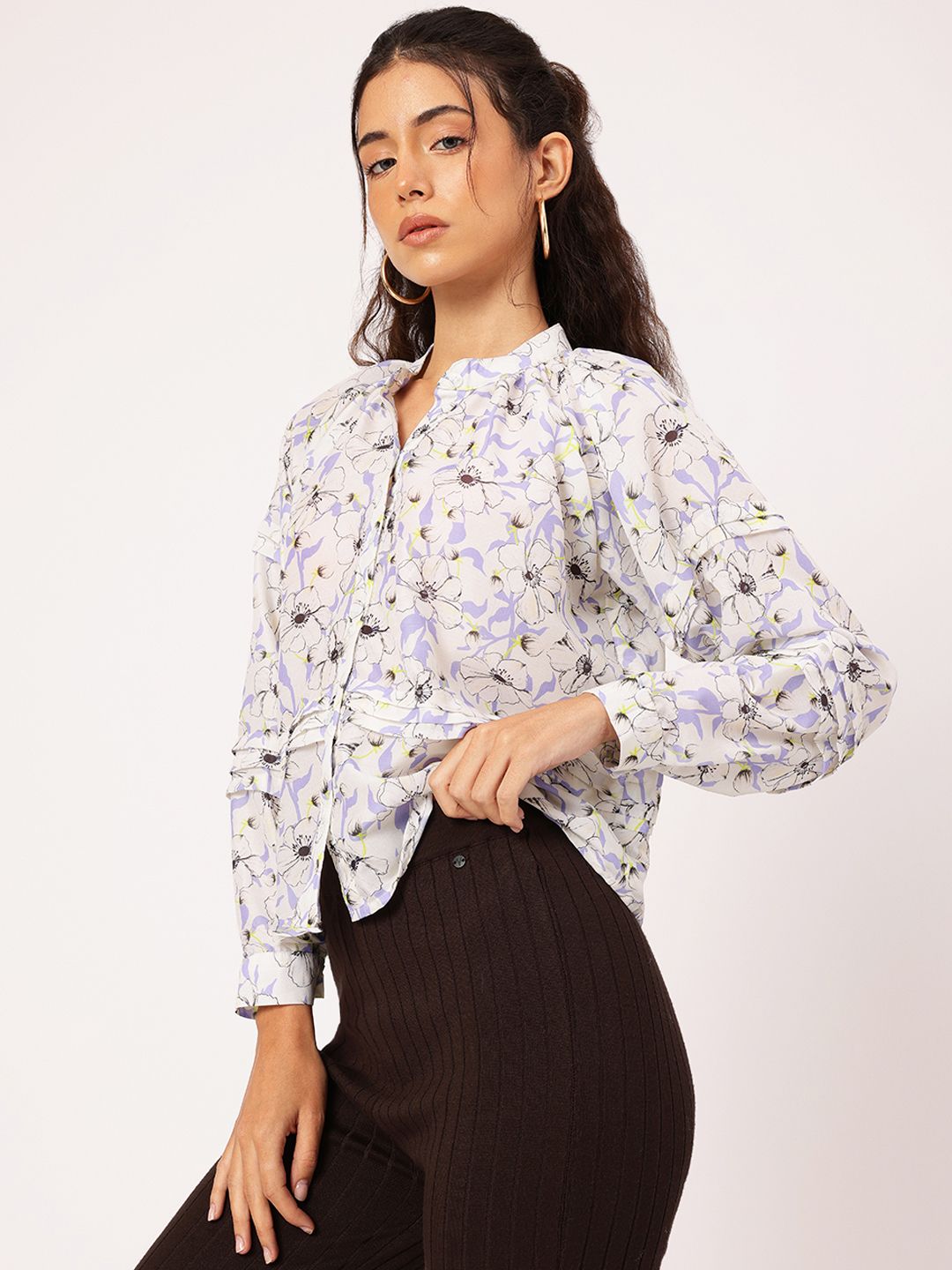 DressBerry Blooming Brilliant Floral Print Pleated Shirt Style Top
